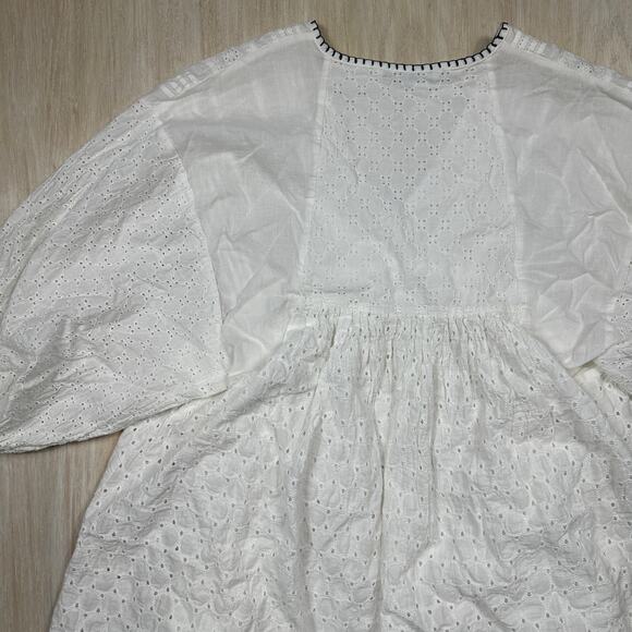 Zara White Eyelet Embroidered Puff Sleeve Boho Peasant Mini Dress Top Medium - Picture 12 of 12